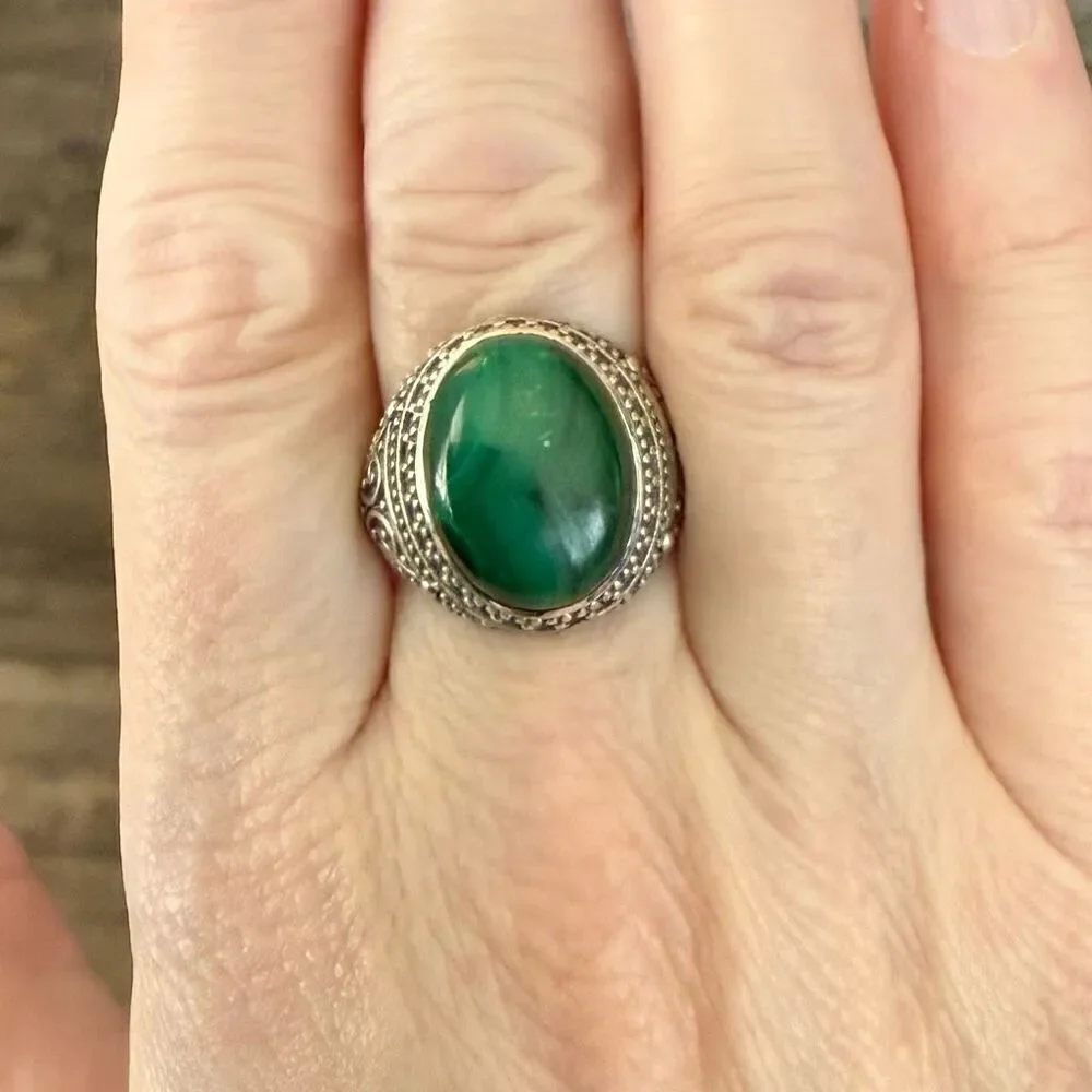 Natural Malachite Bali Style Ring 925 Sterling Silver Oval Cabochon Size 8 New